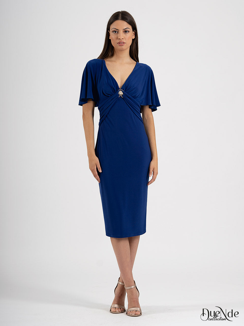 Vestido midi de punto manga de volantes con broche en escote y plisado