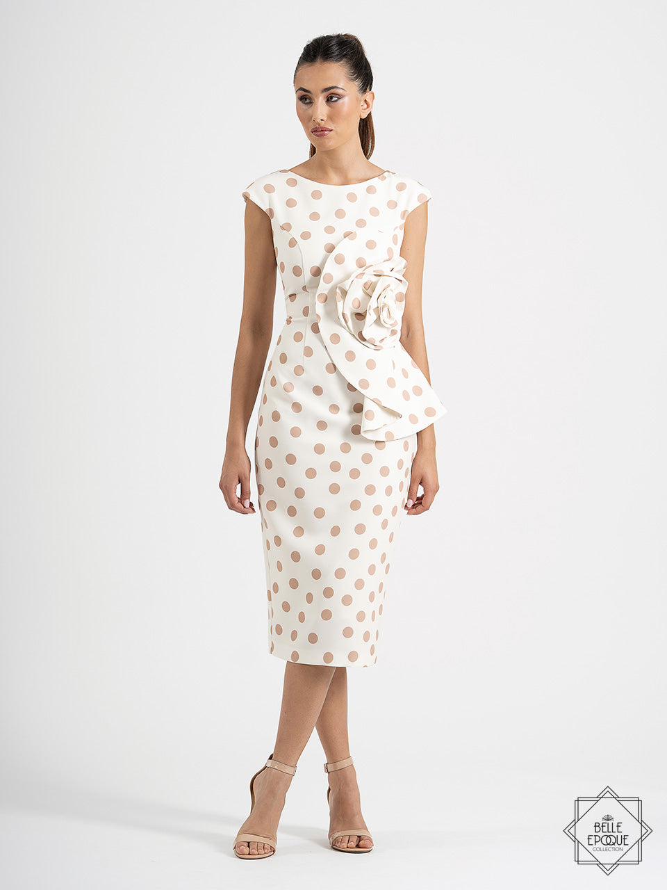 Vestido Midi De Tubo Con Estampado De Lunares Y Flor A La Cintura