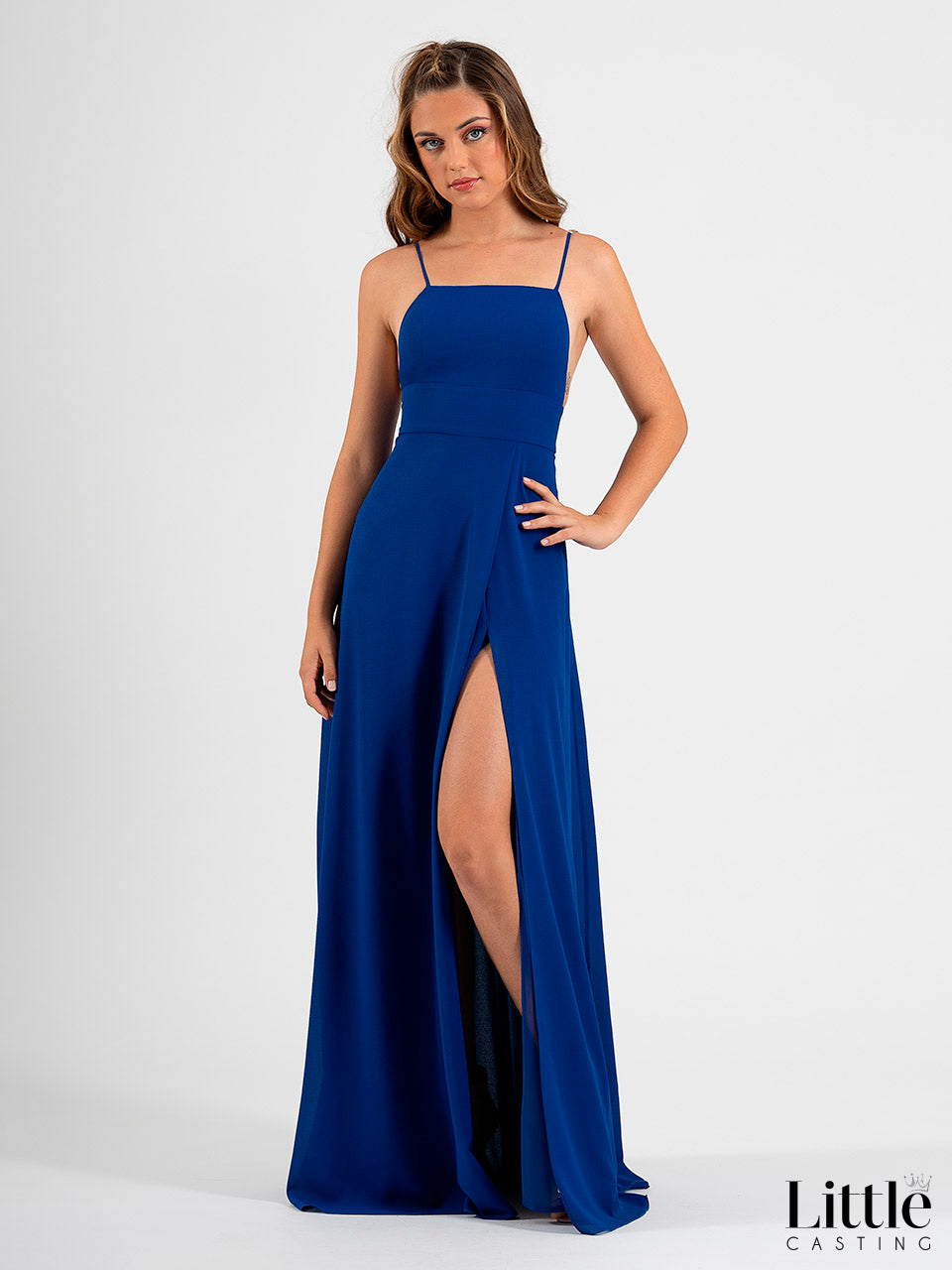Long dress with straight neckline, open back and side slit Long dress with straight neckline, open back and side slit