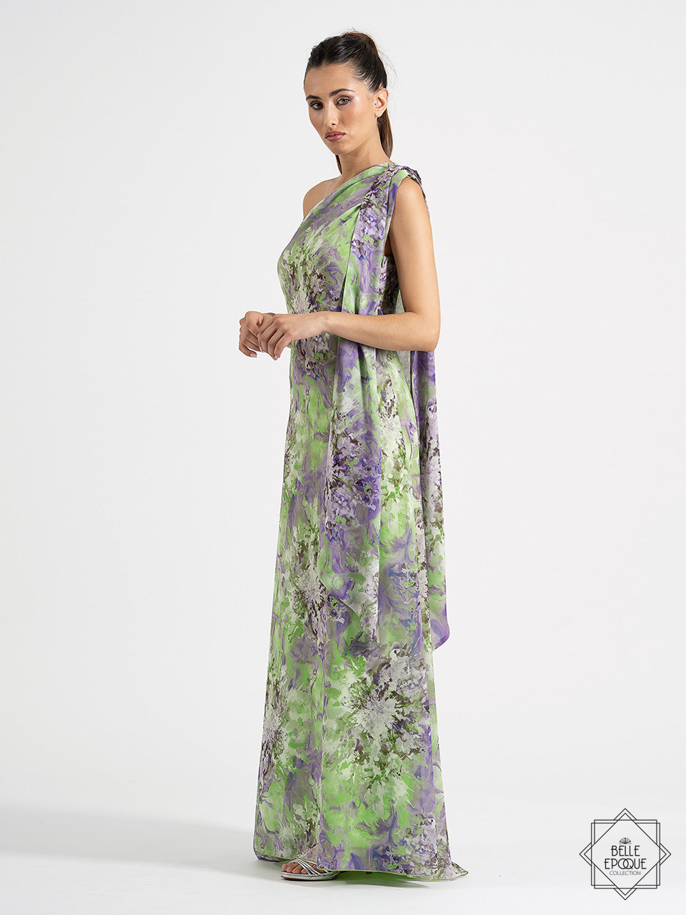 Vestido Largo De Estampado Floral Y Gasa Con Escote Asimétrico