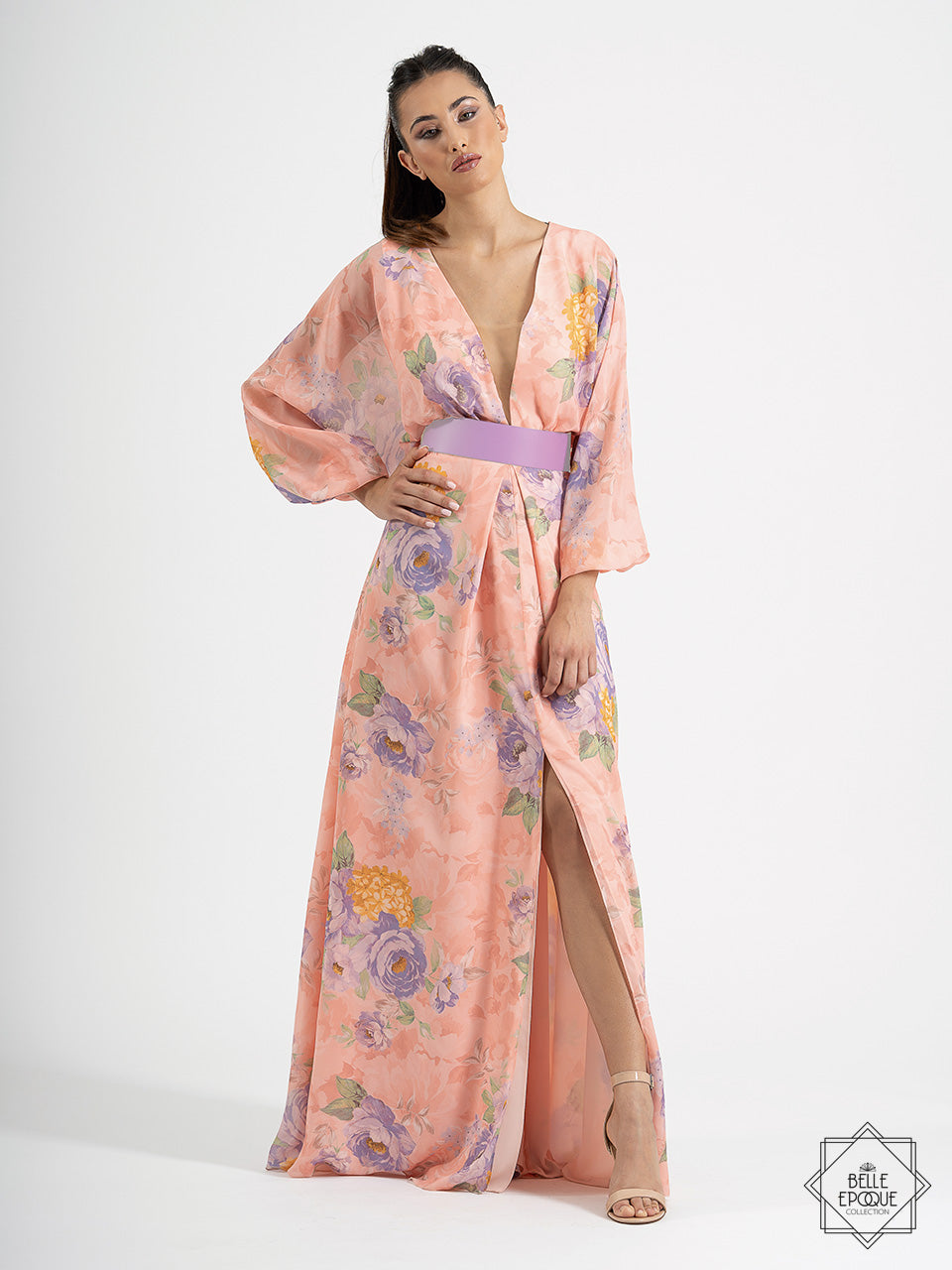 Vestido Largo Estampado De Gasa Con Escote Profundo Y Cinturón