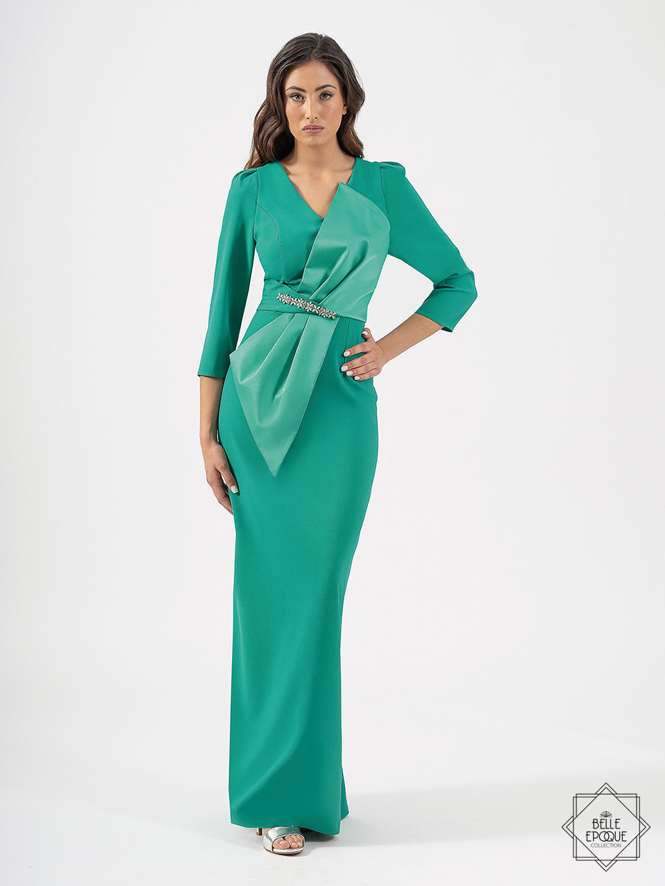 Vestido Largo Y Recto De Manga Francesa Con Lazo Y Pedrería