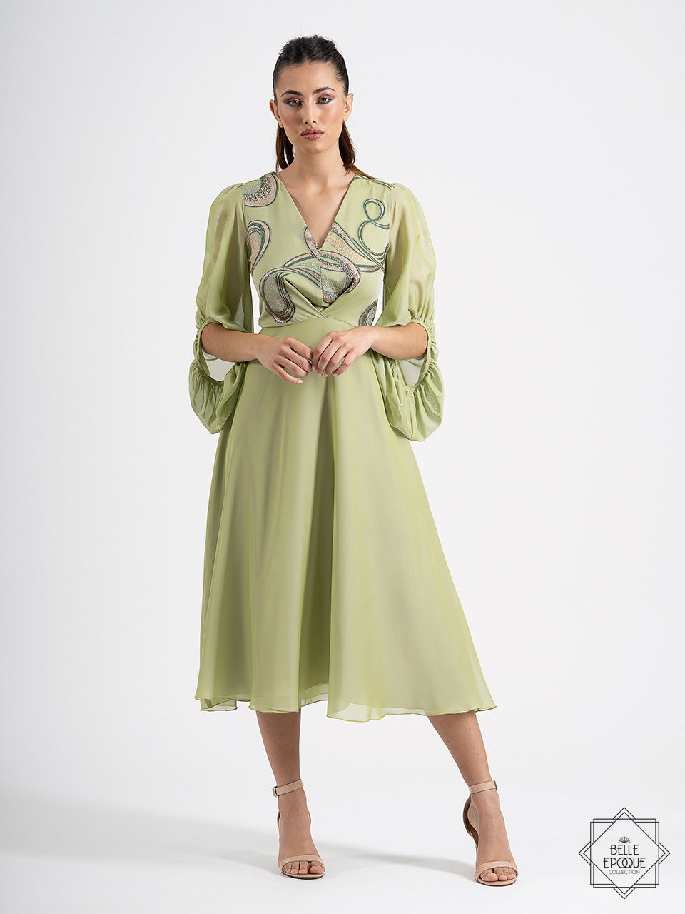 Vestido Midi De Gasa Estampado Con Manga Francesa Abullonada