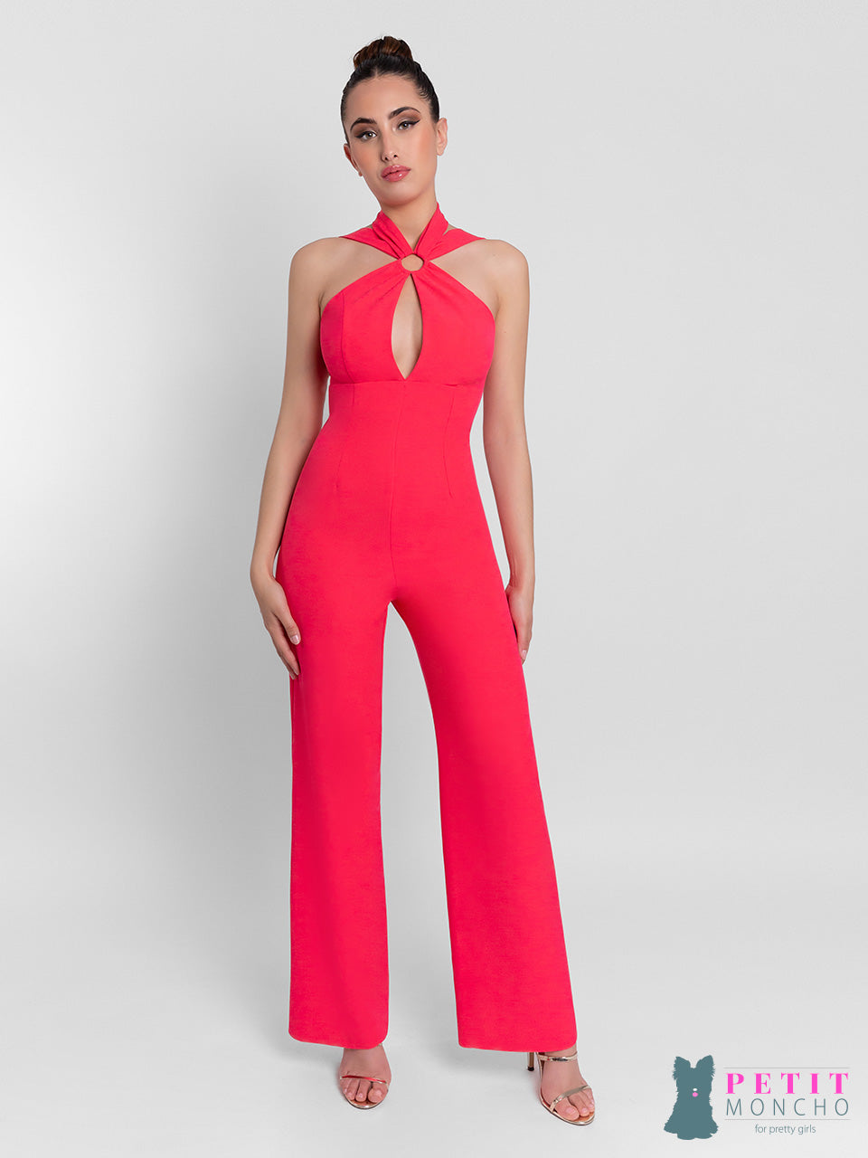 Mono largo recto de escote Halter con abertura y espalda descubierta