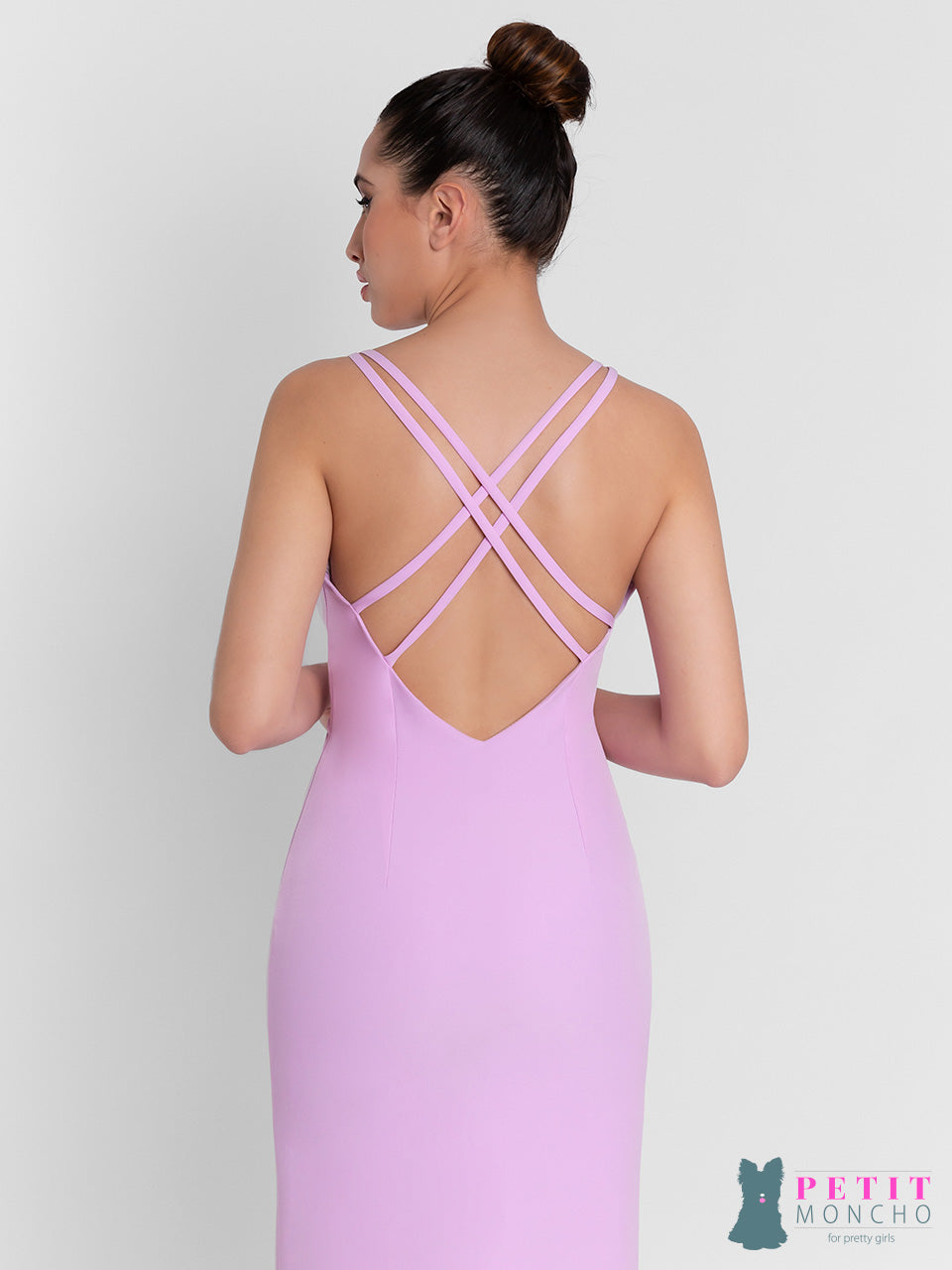 Vestido largo recto escote redondo con abertura y tiras de espalda cruzada