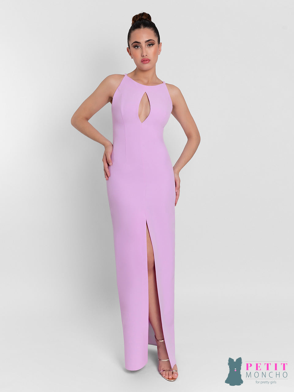 Vestido largo recto escote redondo con abertura y tiras de espalda cruzada