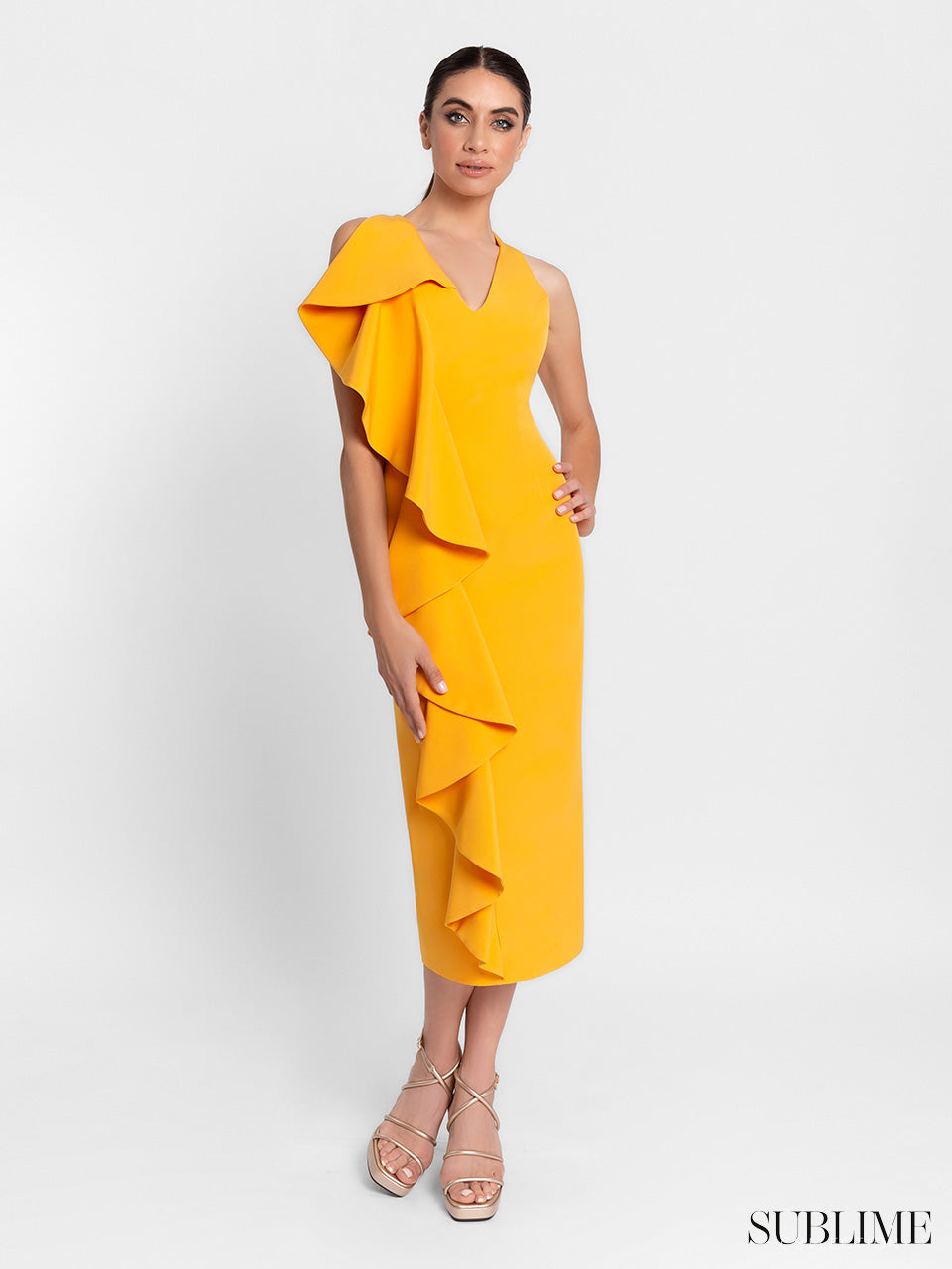 Vestido midi de escote en pico sin manga volante vertical