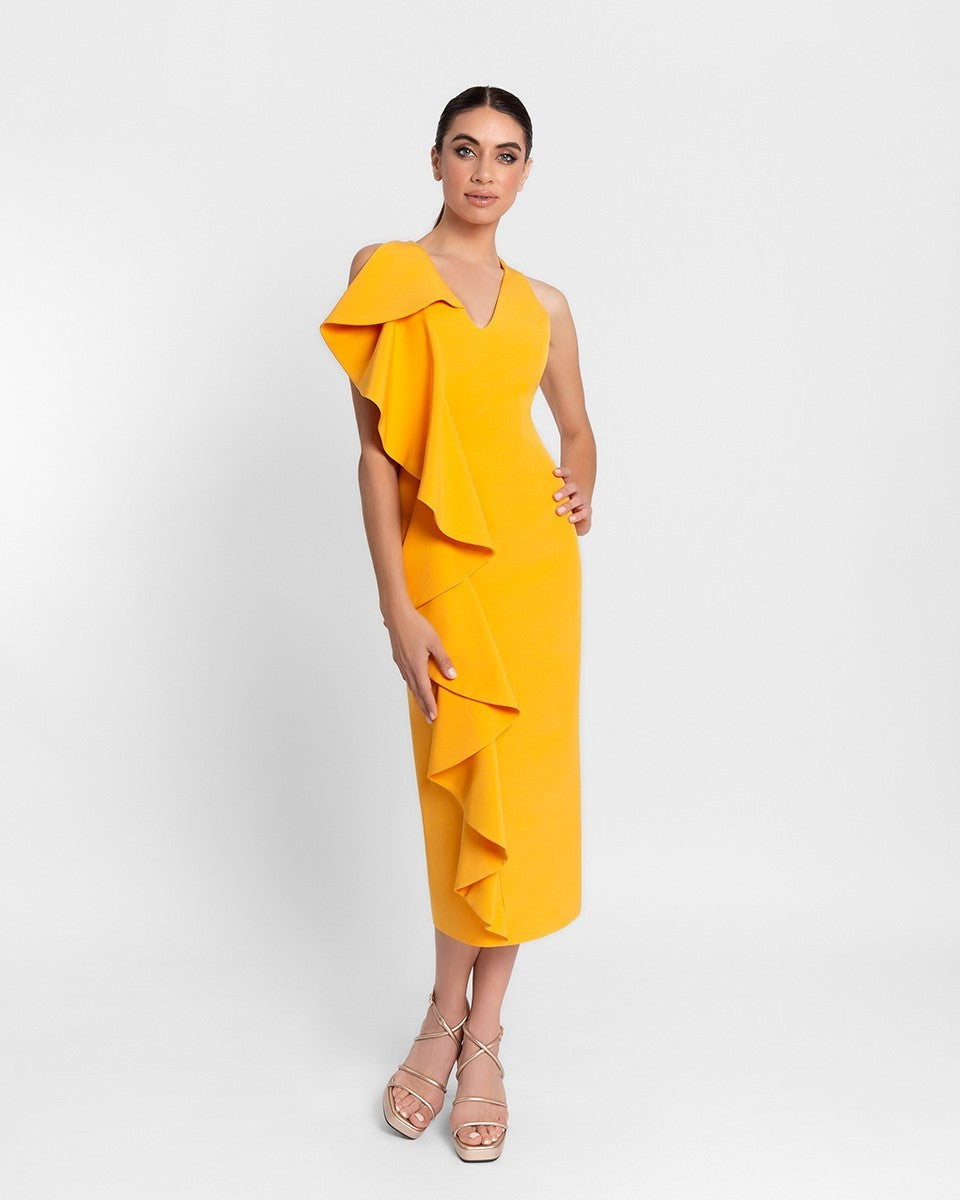 Vestido midi de escote en pico sin manga volante vertical