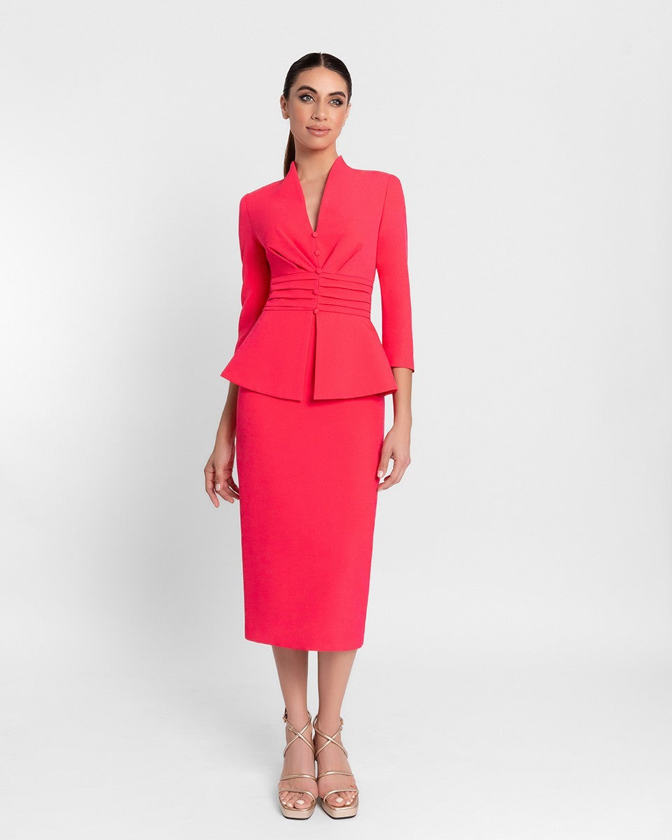 Vestido midi abotonado y plisado con peplum y manga francesa