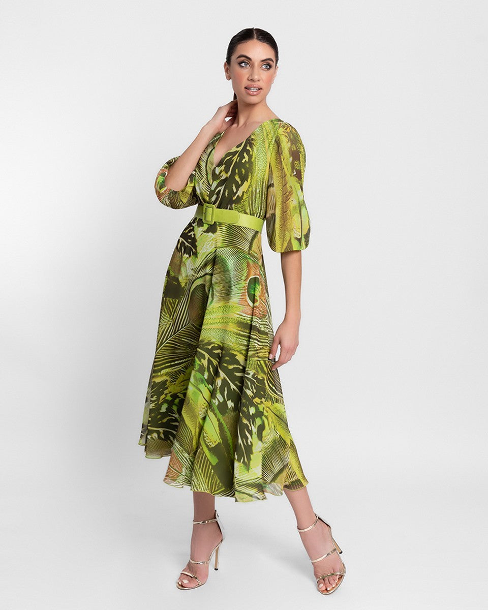 Vestido midi de gasa y estampado con manga abullonada y cinturón