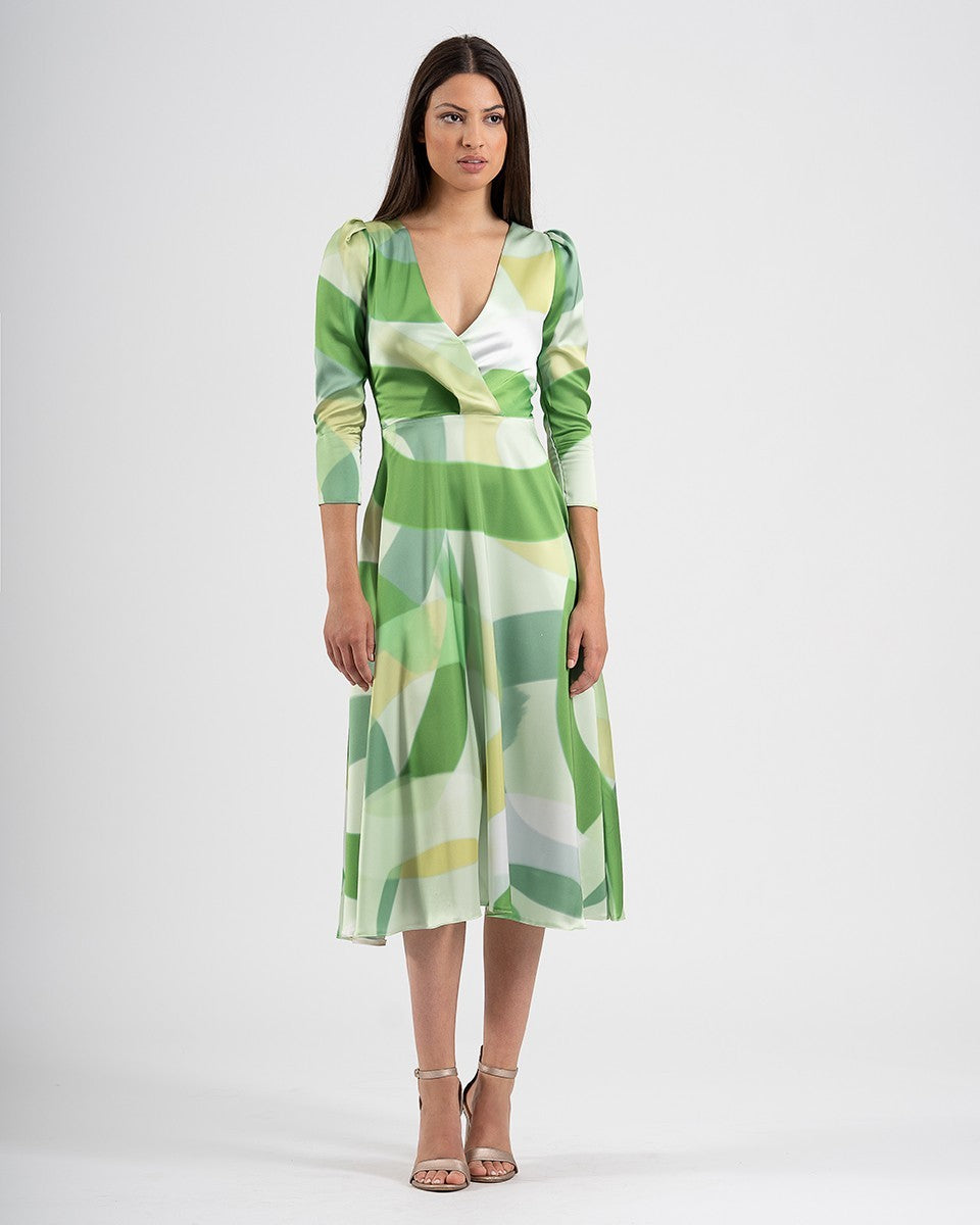 Vestido midi estampado de satén con escote cruzado y manga gigot