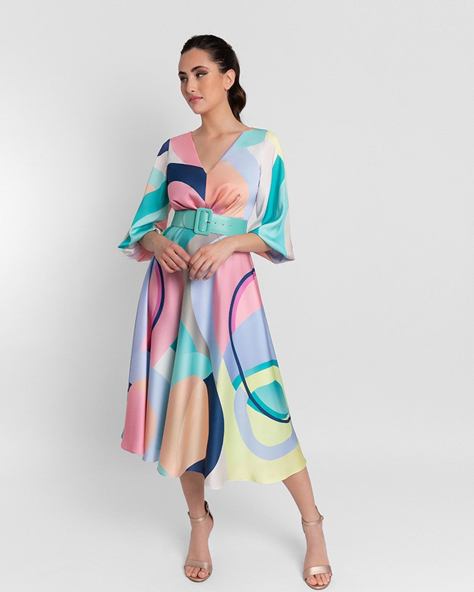 Vestido midi estampado de satén con manga abullonada y escote en V