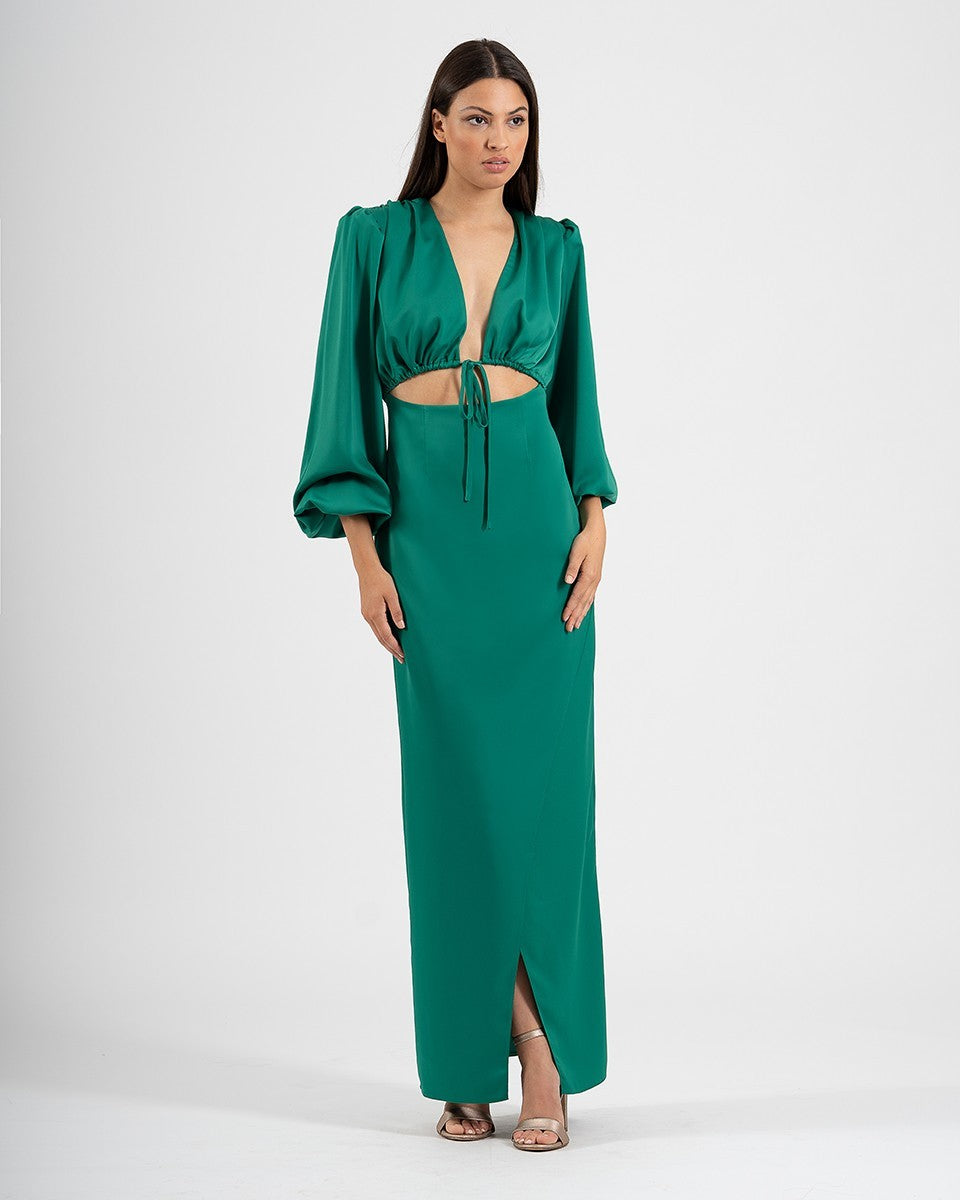 Vestido largo manga abullonada de satén con escote profundo anudado y abertura