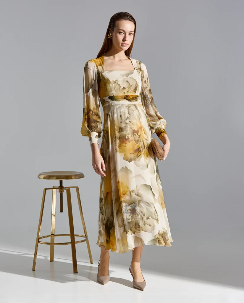 Vestido midi gasa palabra estampado floral y escote cuadrado