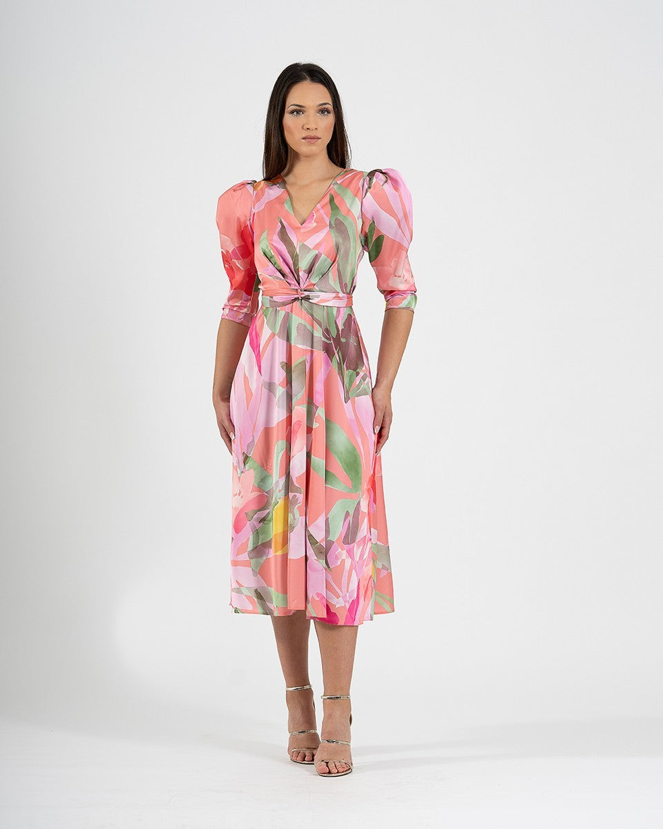 Vestido midi plisado de satén con estampado colorido y manga de farol