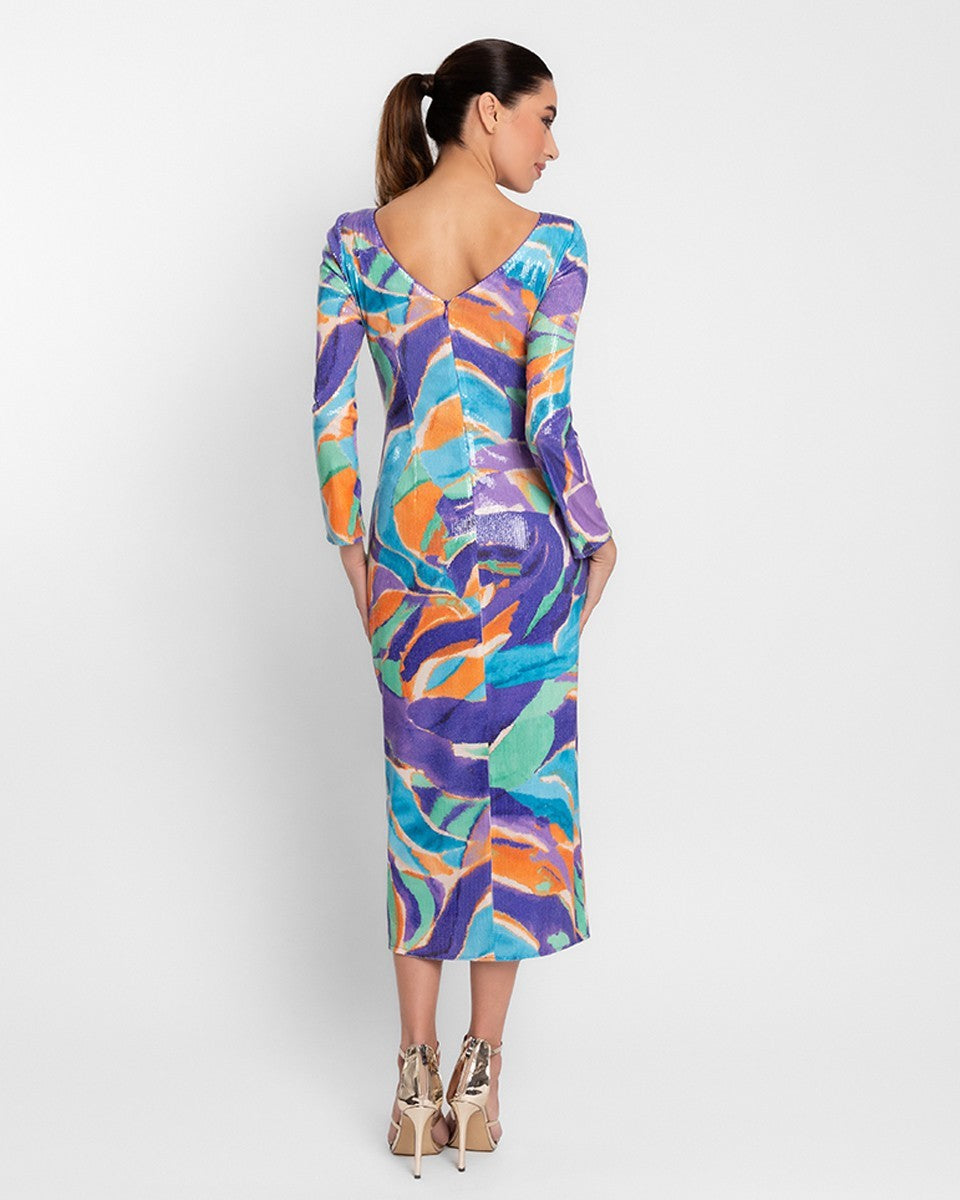 Vestido midi estampado de lentejuelas con cuello redondo y manga larga