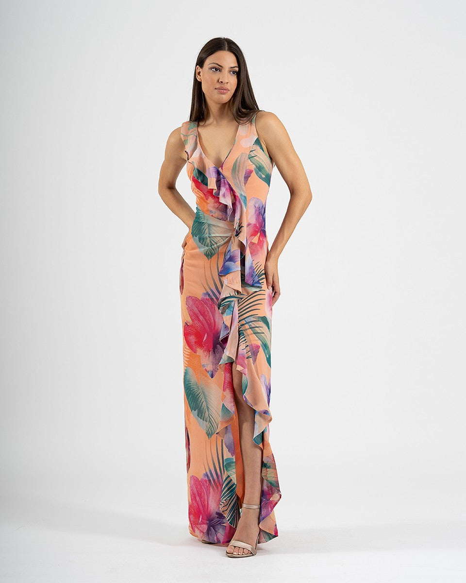 Vestido largo sin mangas estampado de gasa con volantes y abertura lateral