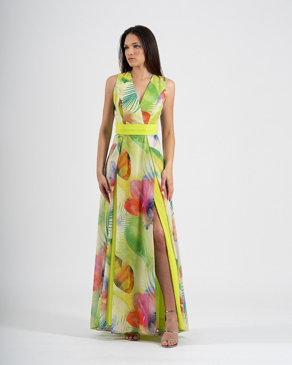 Vestido largo de gasa sin mangas con estampado floral y escote cruzado