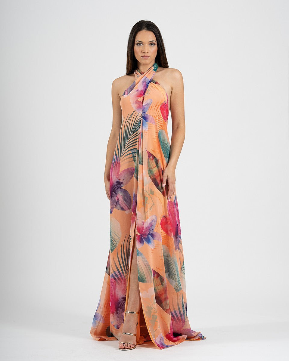 Vestido largo de gasa estampado con escote Halter cruzado y espalda descubierta