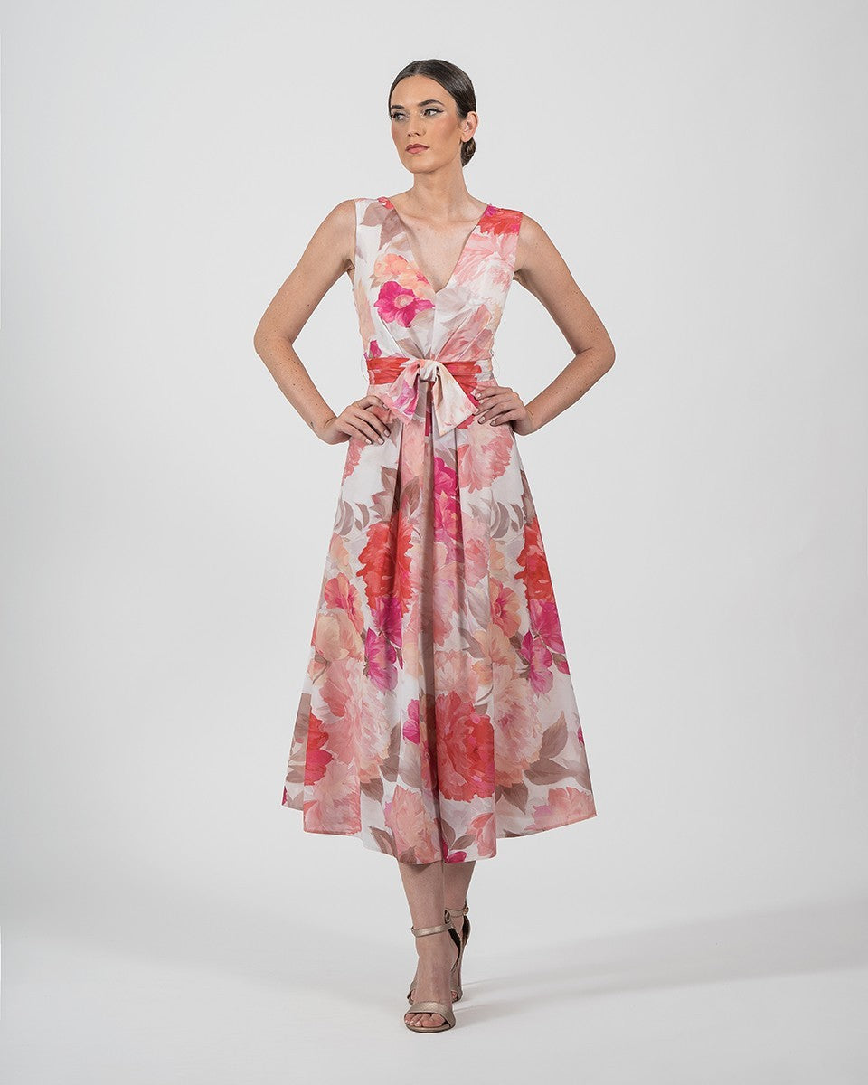 Vestido midi royal de gasa con estampado floral plisado y escote en V