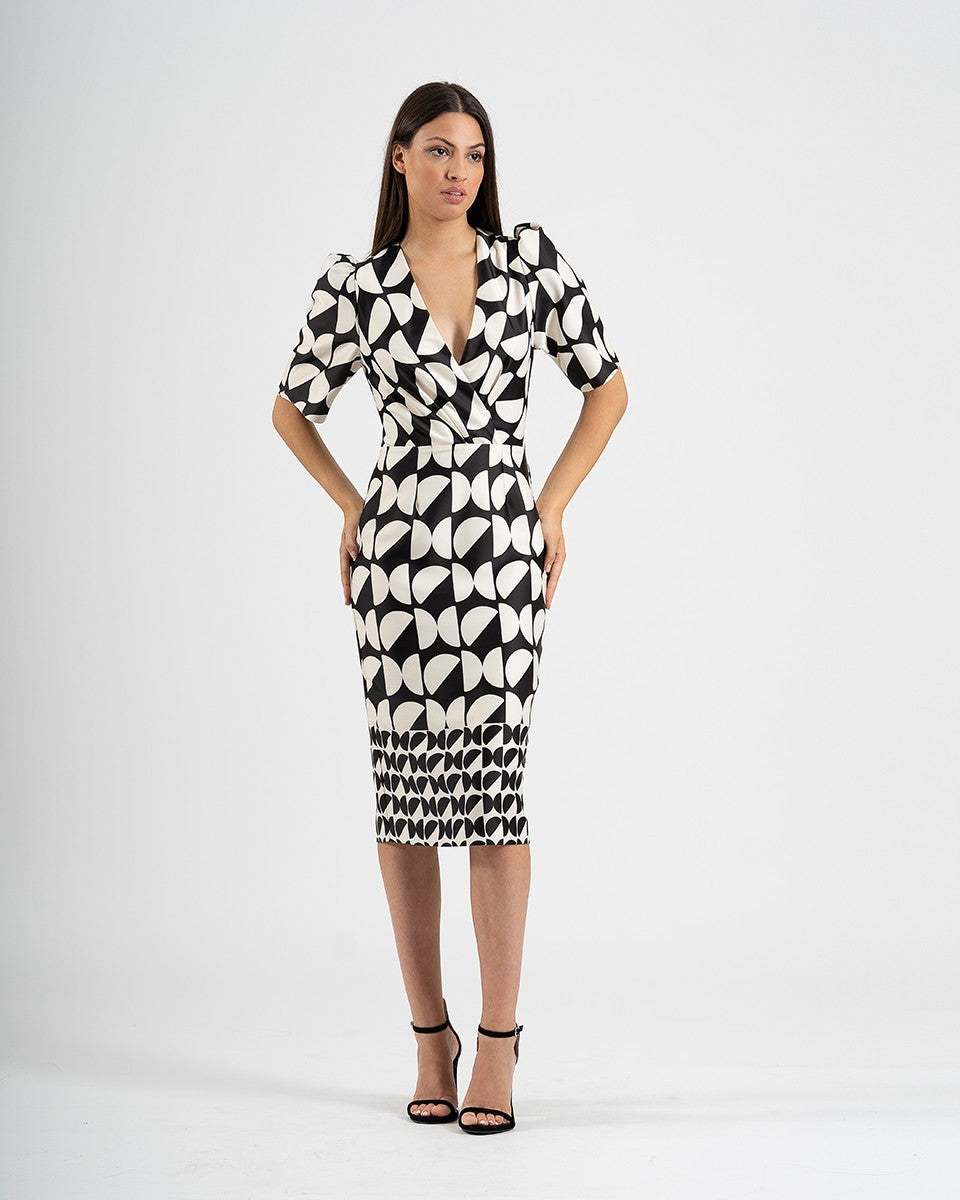 Vestido midi estampado de tubo con escote cruzado y manga de farol