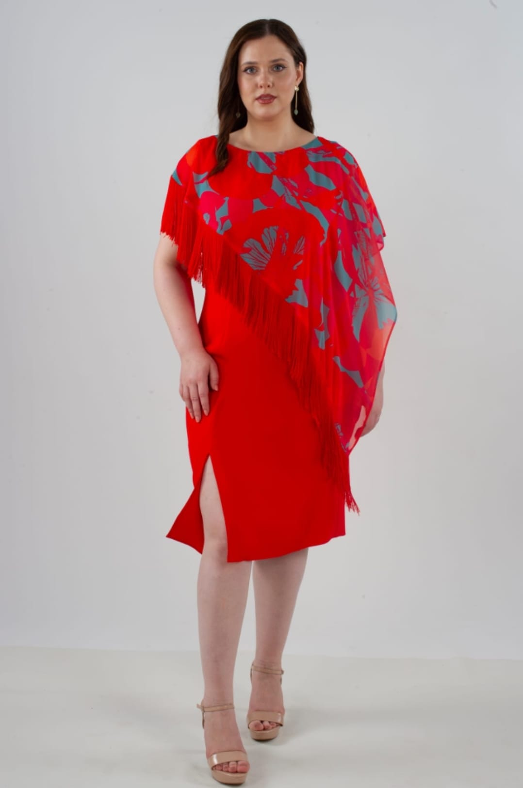 Vestido midi rojo capa estampada con flecos Mía Miró