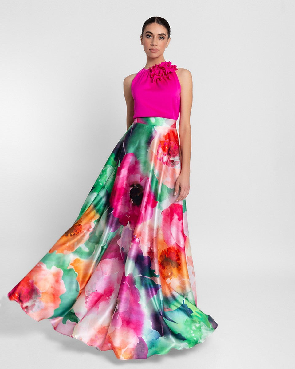 Conjunto falda larga estampada y top fucsia