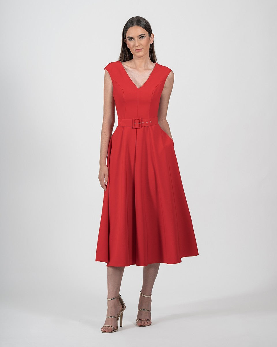 Vestido midi royal de escote en pico sin mangas con cinturón