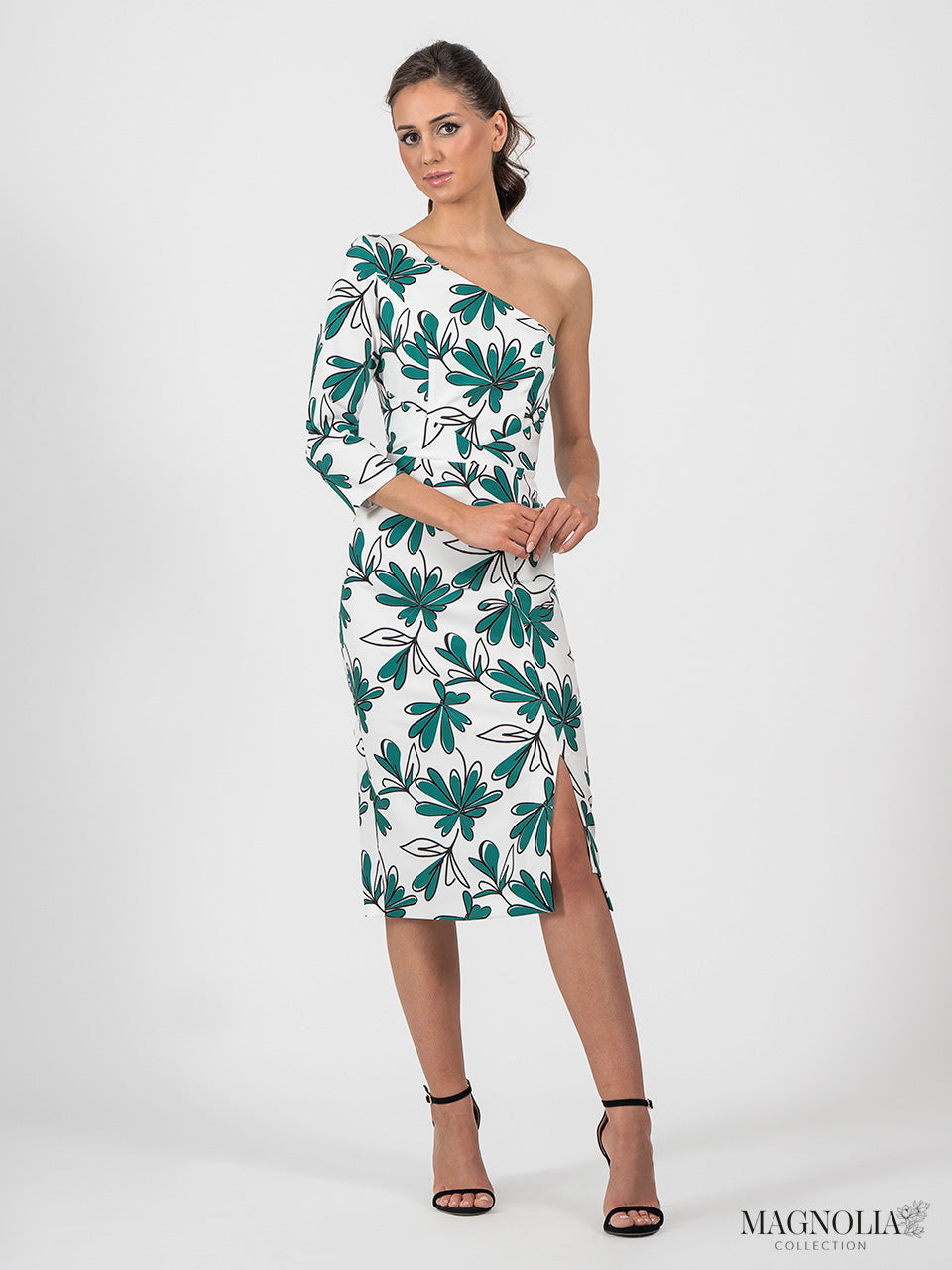 Vestido midi de flores recto con escote asimétrico y una manga