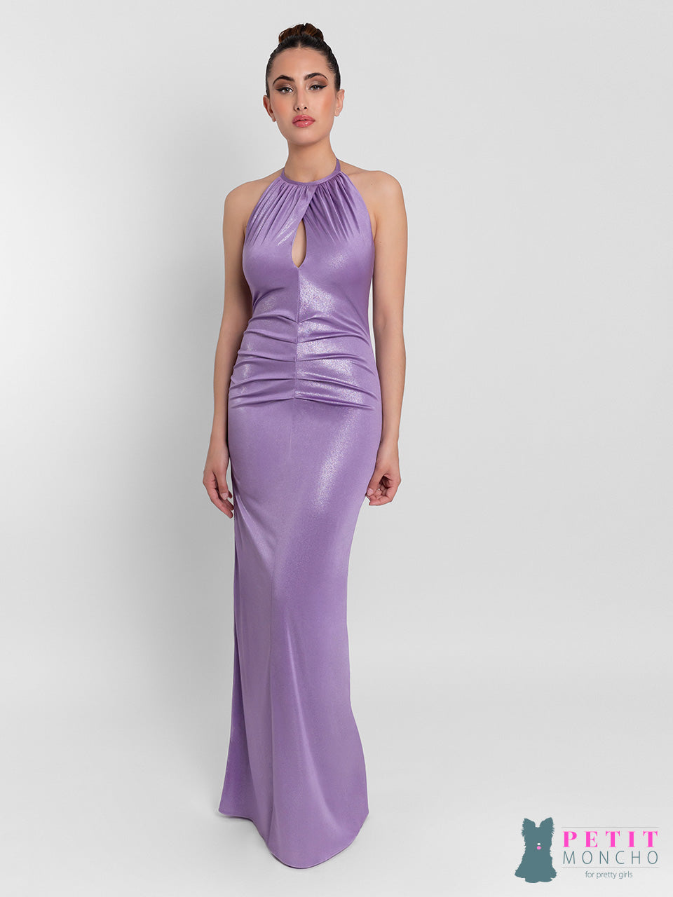 Vestido largo cote sirena drapeado y laminado con escote Halter sin mangas