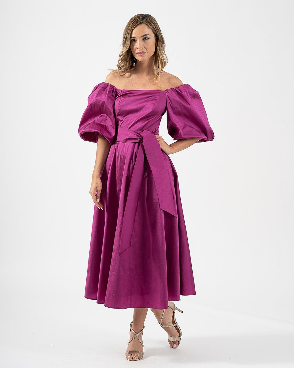 Vestido Midi Tafeta De Escote Bardot Con Manga De Farol Y Lazada