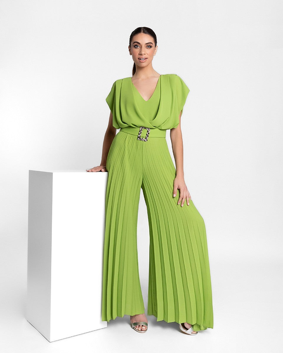 Mono largo con escote pico y pierna plisada oliva