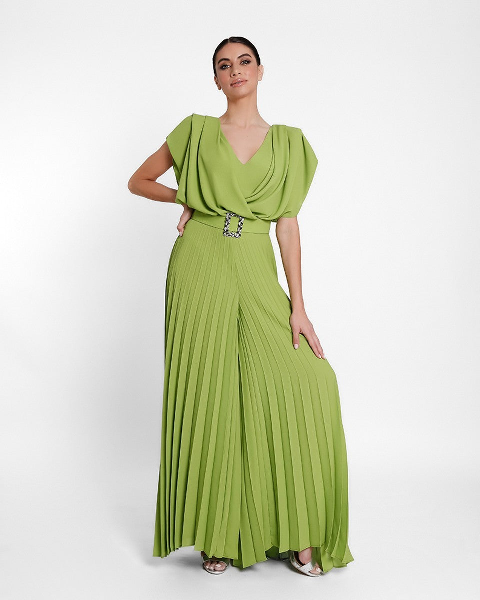 Mono largo con escote pico y pierna plisada oliva