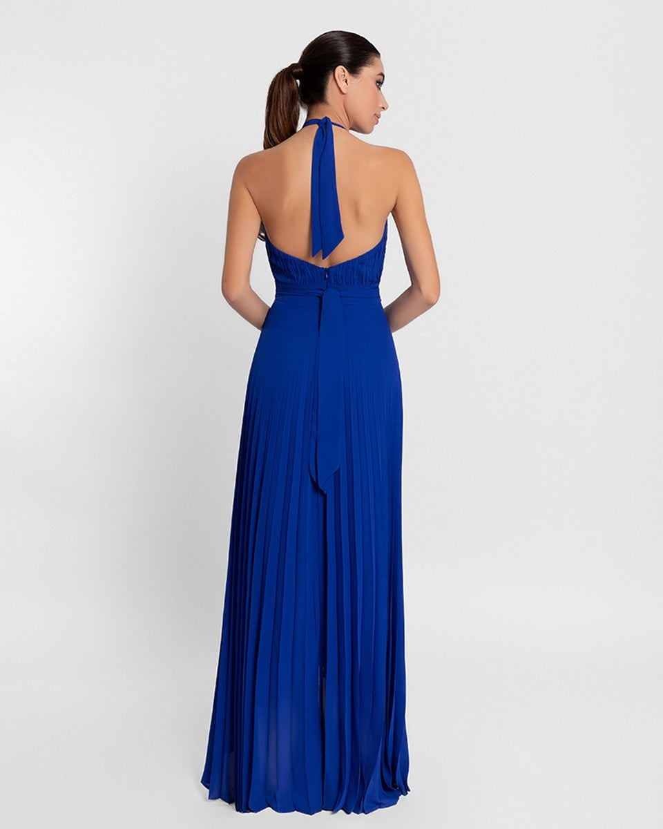 Vestido plisado largo asimétrico halter