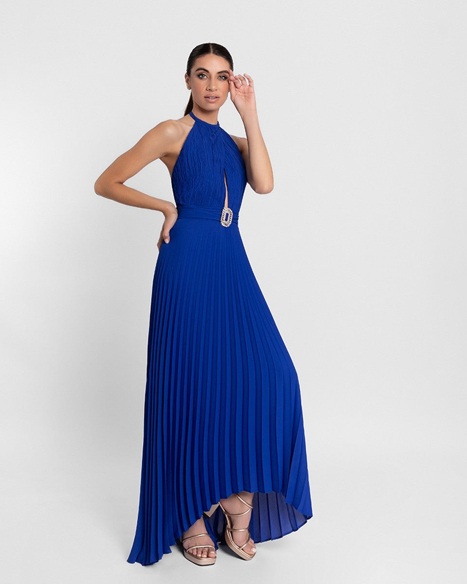 Vestido plisado largo asimétrico halter