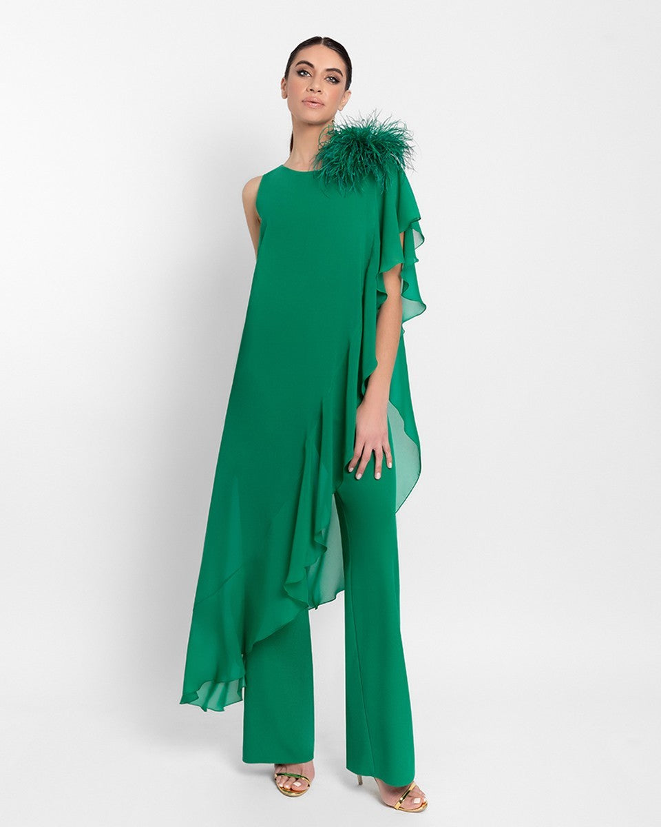 Mono largo asimétrico de gasa con capa de volantes y broche