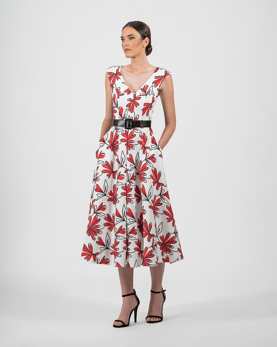 Vestido midi royal de flores con escote en V sin mangas y cinturón