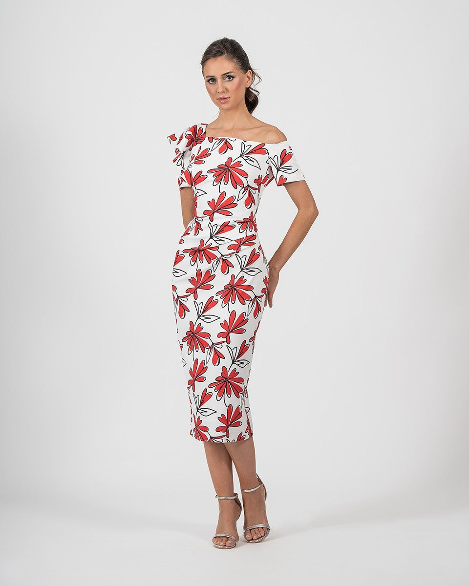 Vestido midi de flores recto con escote asimétrico y manga corta
