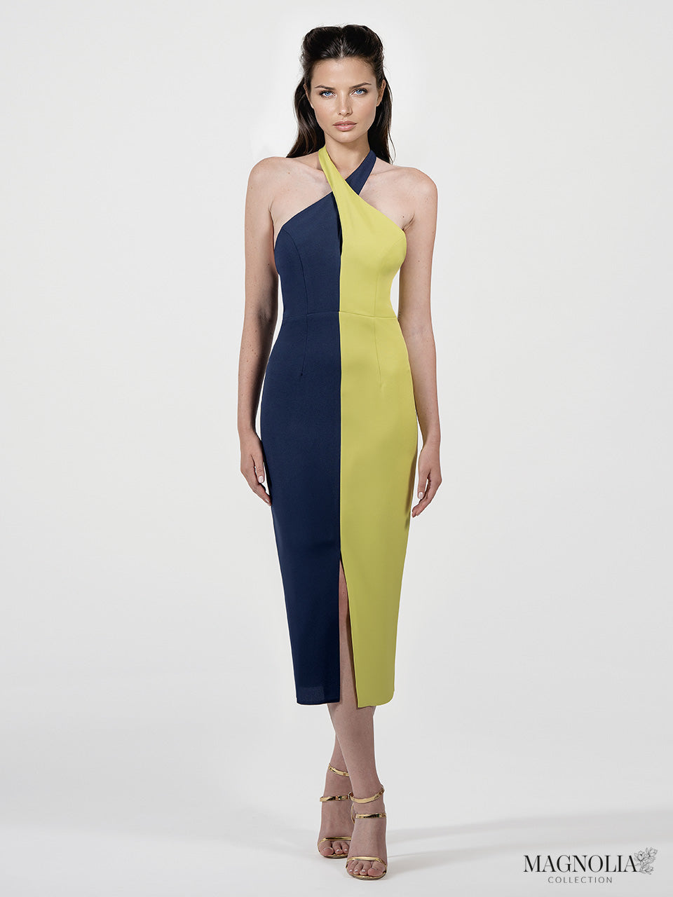 Vestido midi bicolor de tubo con escote Halter cruzado y espalda descubierta