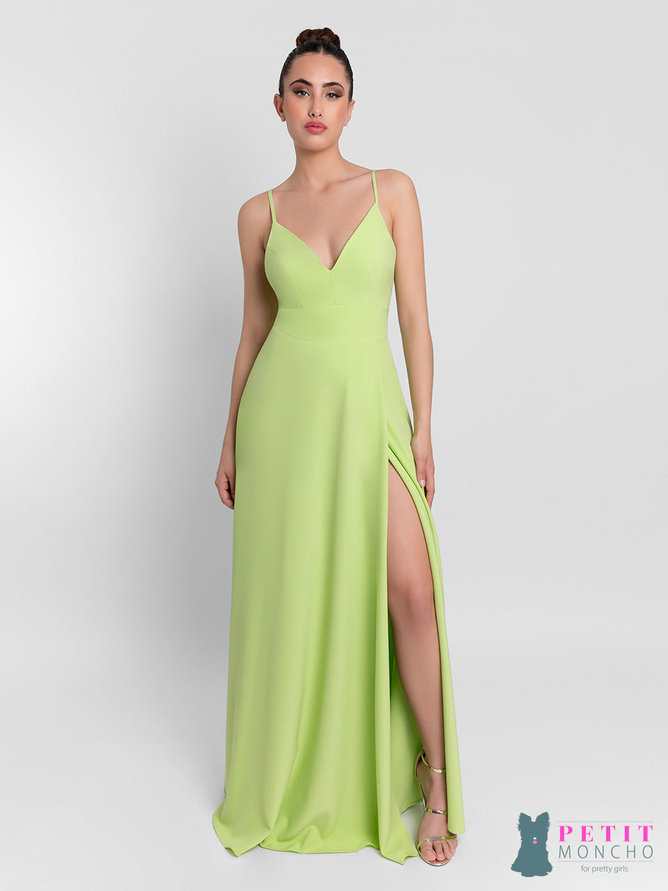 Vestido largo crepe de escote en V sin mangas con abertura lateral