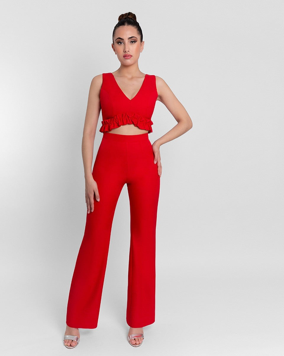 Conjunto de top de volantes manga corta y pantalón largo y recto