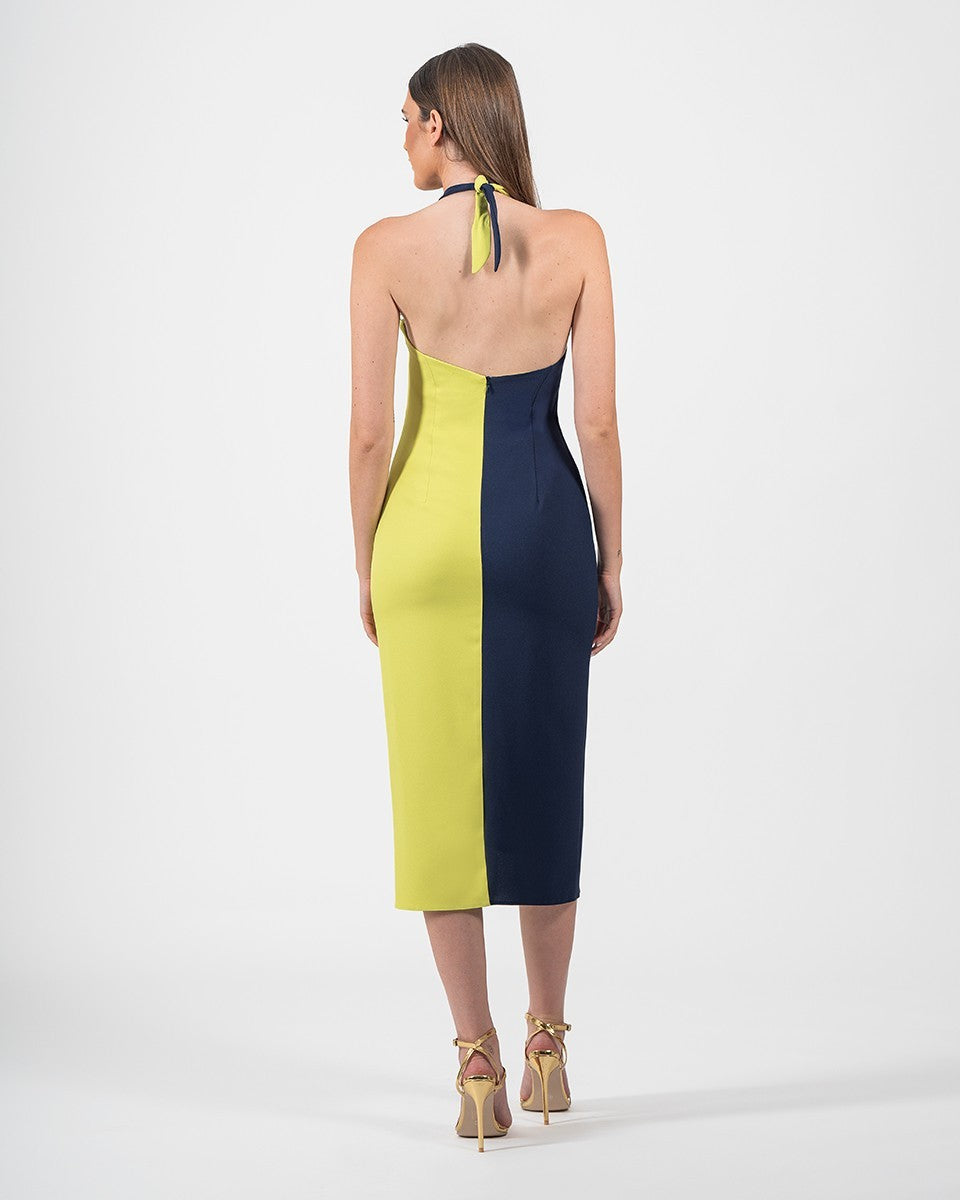 Vestido midi bicolor de tubo con escote Halter cruzado y espalda descubierta