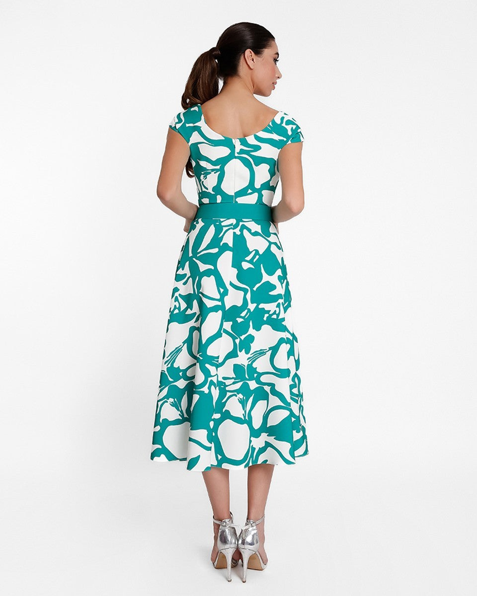 Vestido midi estampado royal de escote en pico manga corta y cinturón