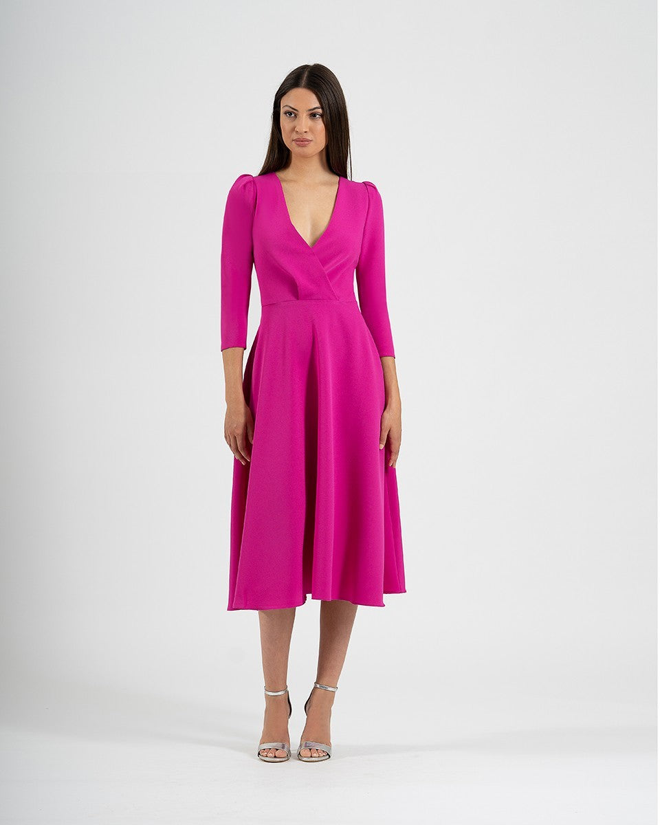 Vestido midi de vuelo crepé con escote cruzado y manga francesa
