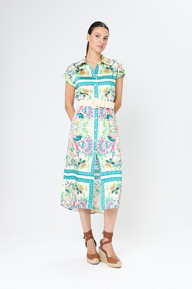 Vestido midi estampado camisero con solapas y cinturón