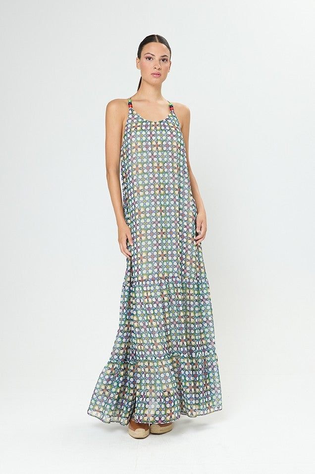 Vestido largo de estampado geométrico de volantes y escote redondo