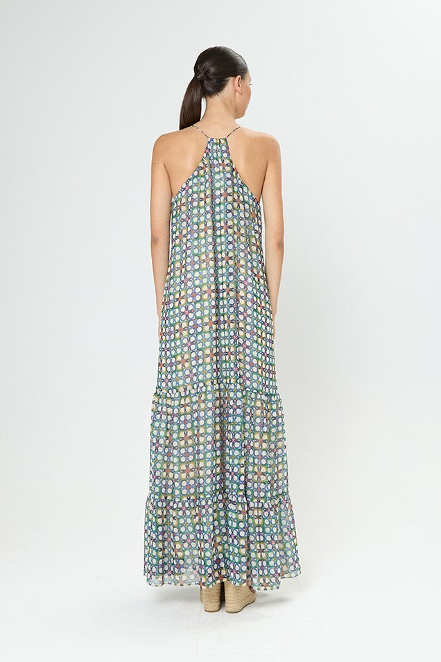 Vestido largo de estampado geométrico de volantes y escote redondo