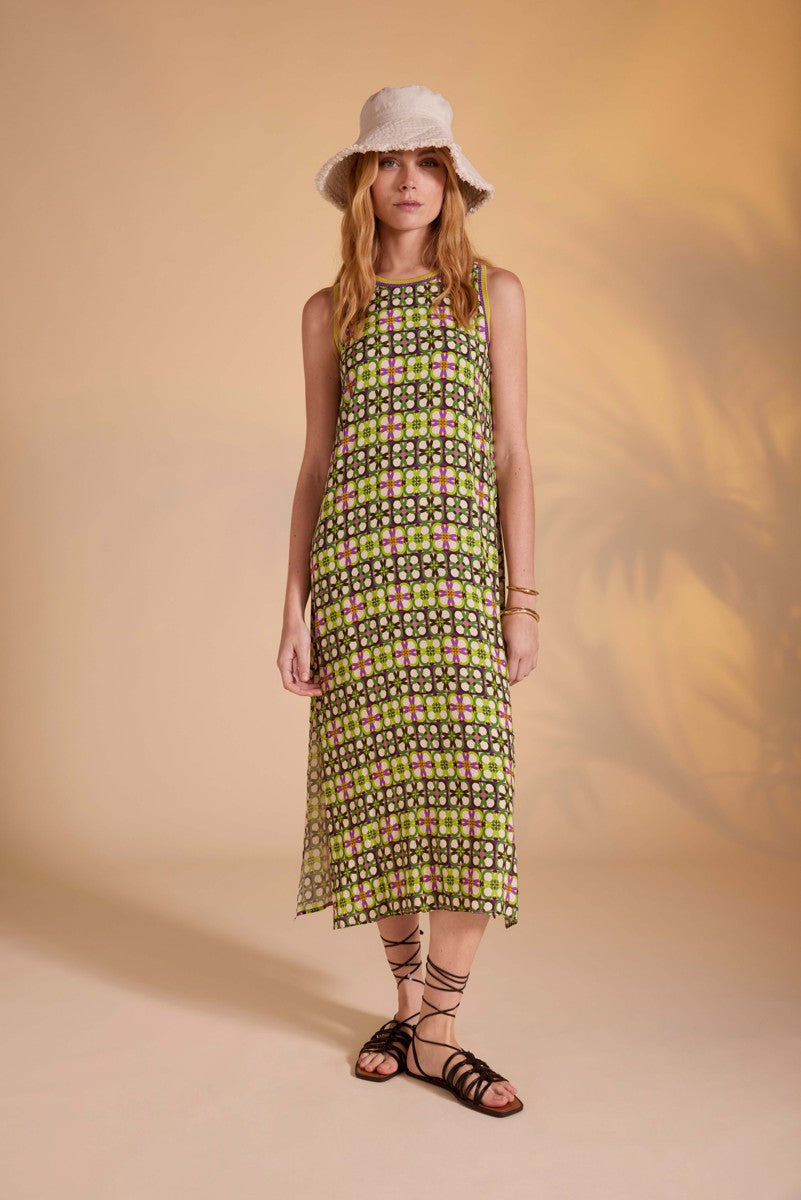 Vestido largo recto de estampado geométrico de cuello redondo sin mangas