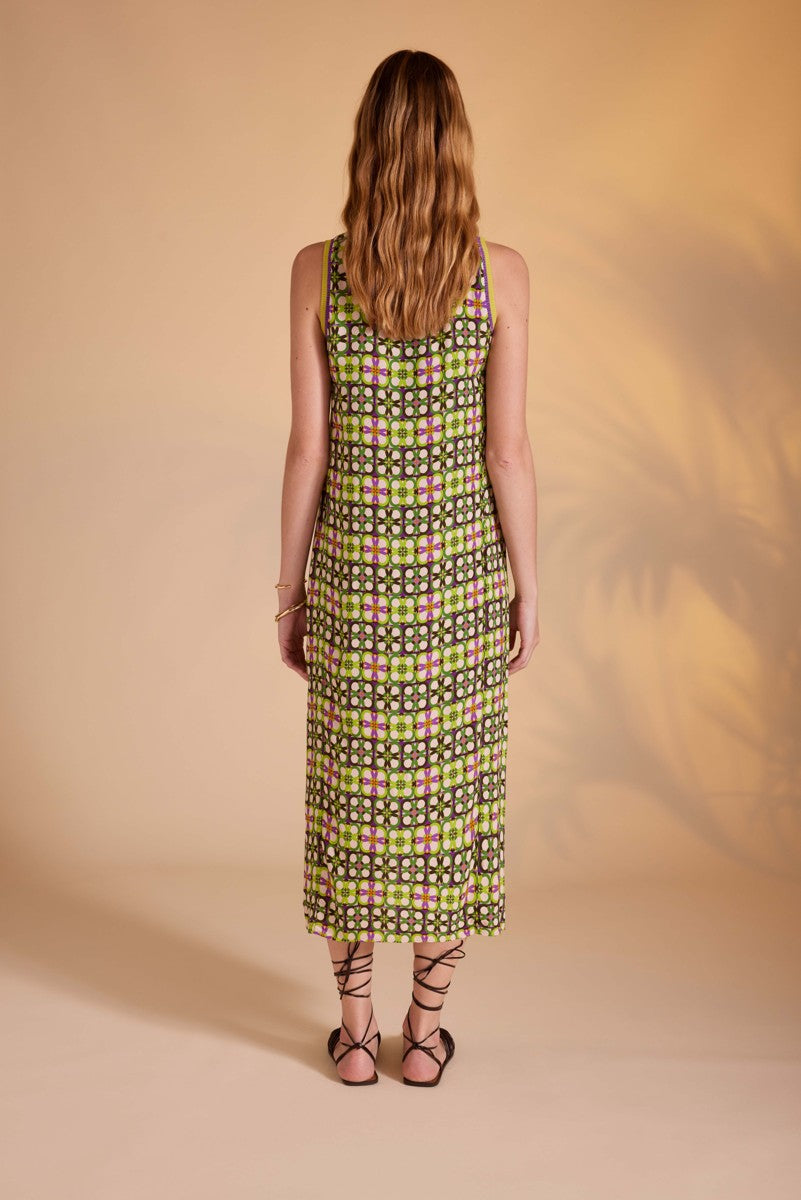 Vestido largo recto de estampado geométrico de cuello redondo sin mangas