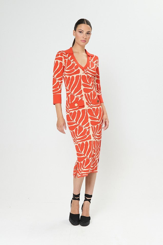 Vestido midi recto y estampado de escote en V con solapas y manga francesa